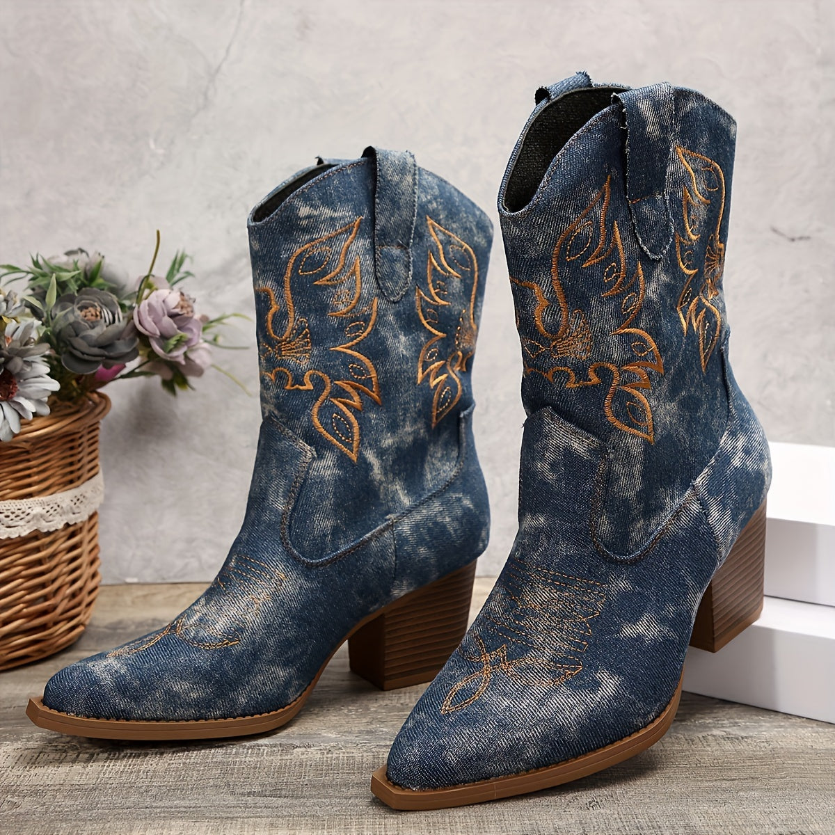 Roberta Denim-Look Mid-Calf Western Boots