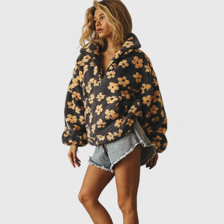 Women's Sweater with Floral Print and Zip Closure