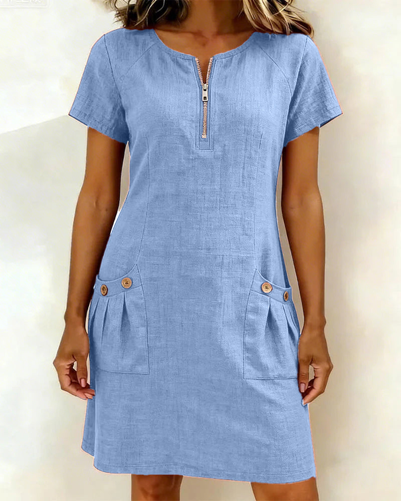 Women's Pocket A-Line Midi Dress – Short Sleeve Relaxed Day Dress