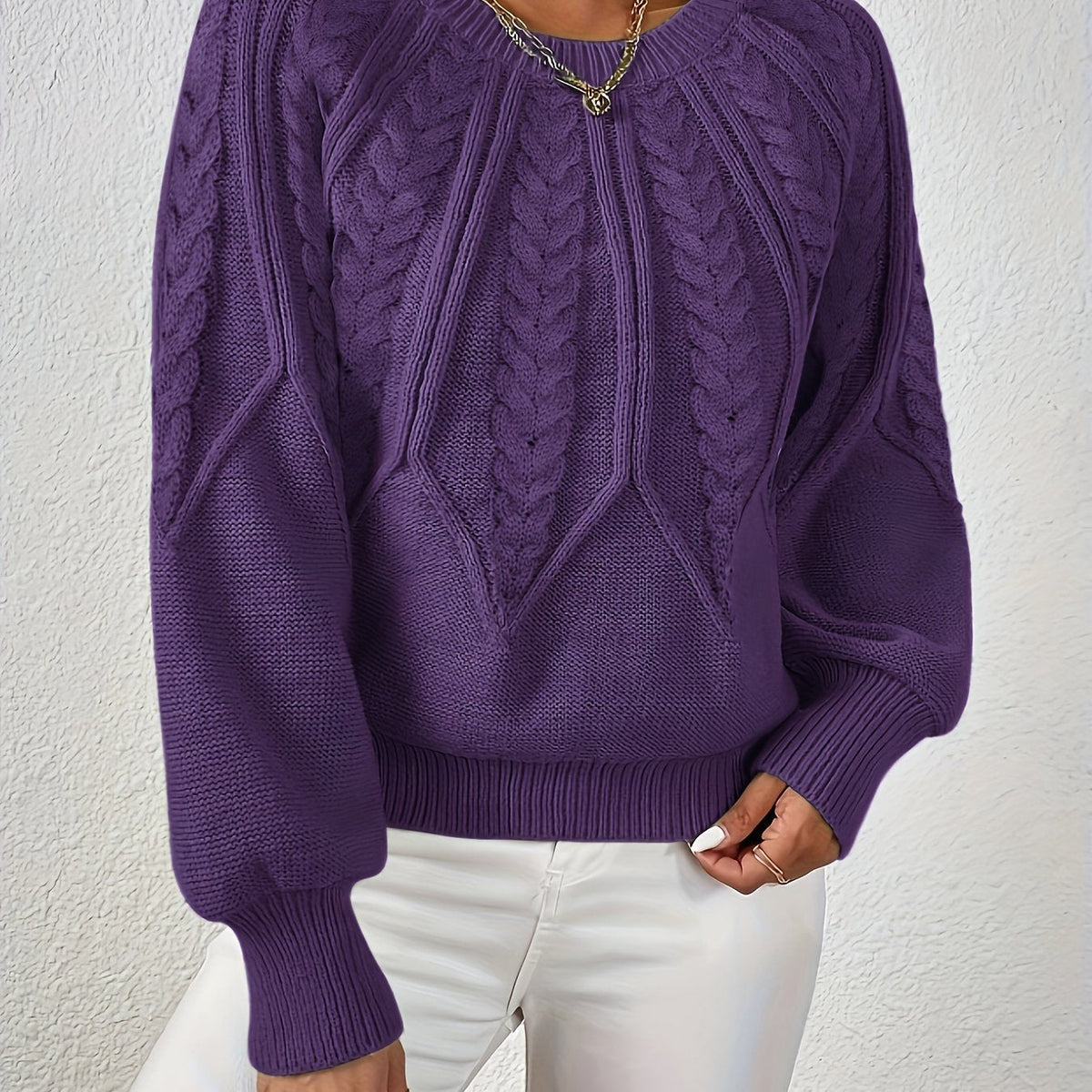 Women's Cable-Knit Pullover Sweater with Lantern Sleeves
