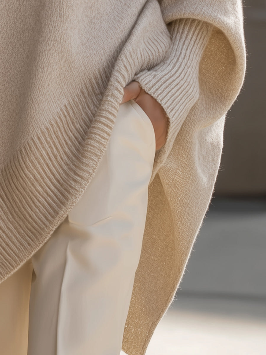 Lindsay | Womens Oversized Knit Poncho Sweater with Batwing Sleeves | Asymmetrical Hem, Round Neck | 7 Colors S-XL