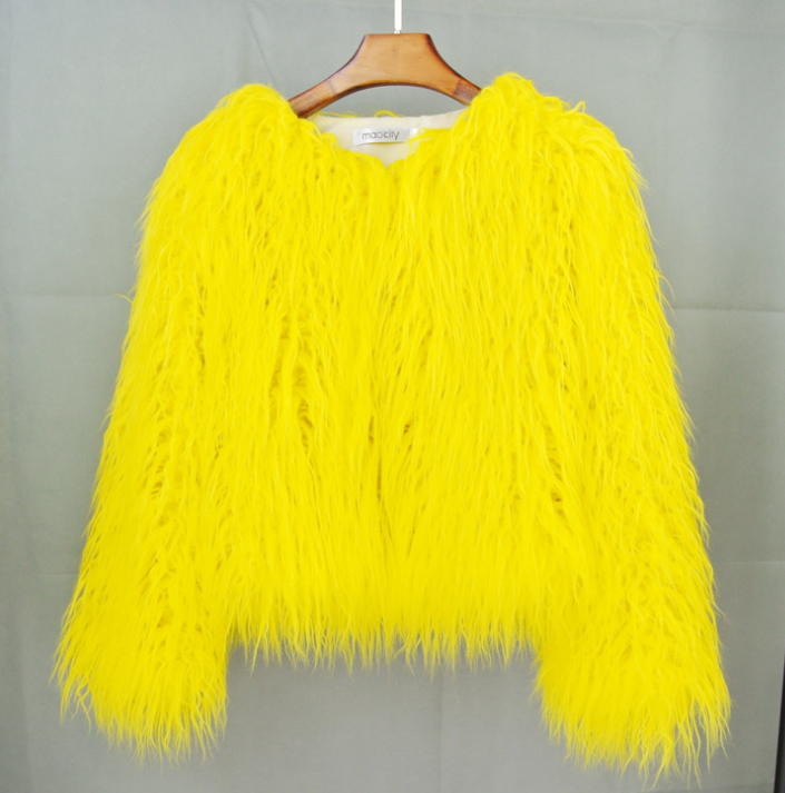 Women's Shaggy Faux Fur Jacket Round Neck Long Sleeve