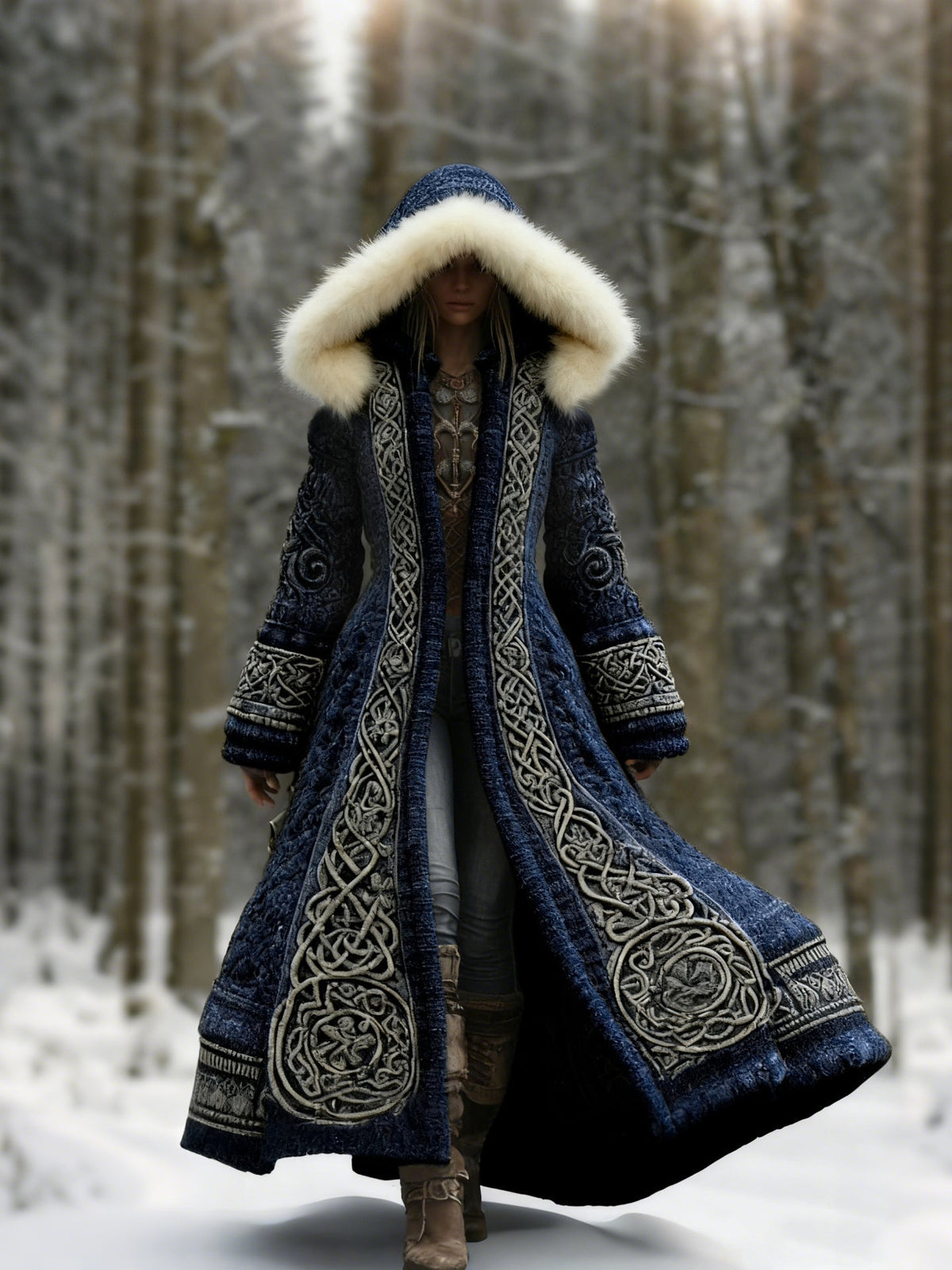 Women's Hooded Embroidered Long Coat, Fur Trim