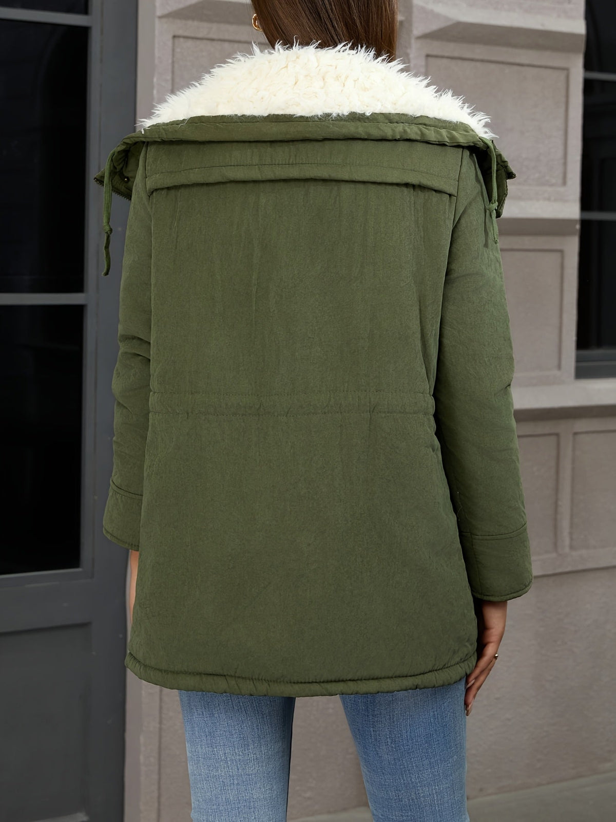 Women's Parka with Hood and Button Front | Drawstring, Pockets | For Winter | Size S-XL | Black, Fern Green