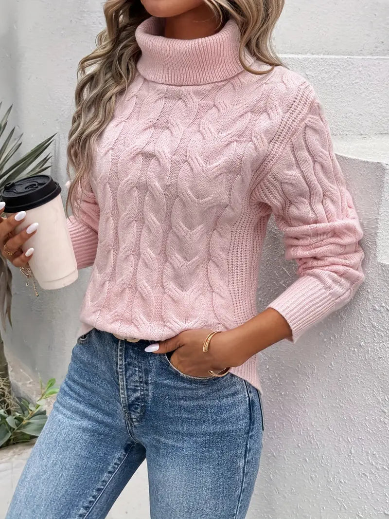 Women's Turtleneck Sweater with Cable Knit | Size S-2XL | Purple, Pink, Black, White, Grey, Beige and 2 more