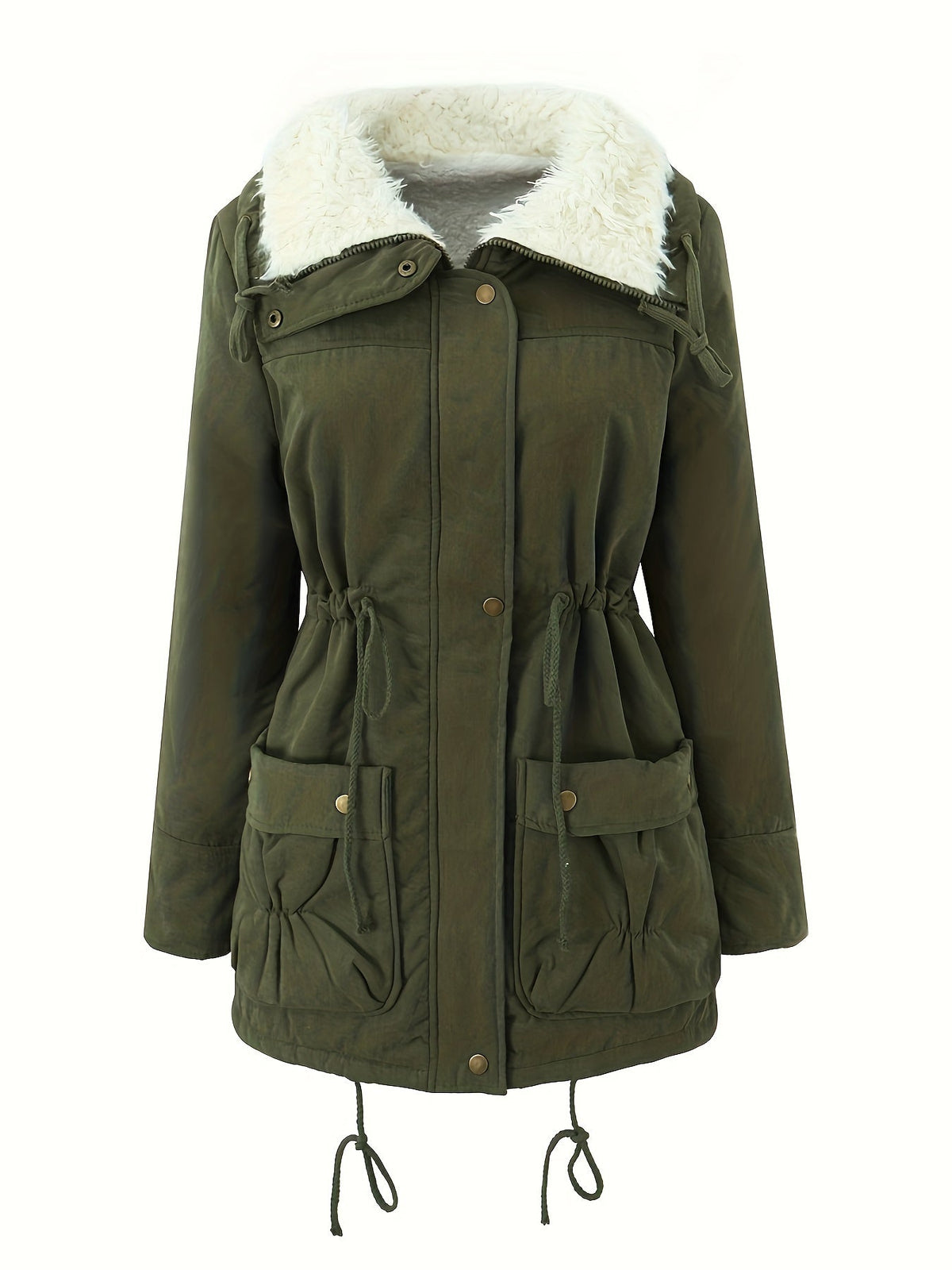 Women's Parka with Hood and Button Front | Drawstring, Pockets | For Winter | Size S-XL | Black, Fern Green