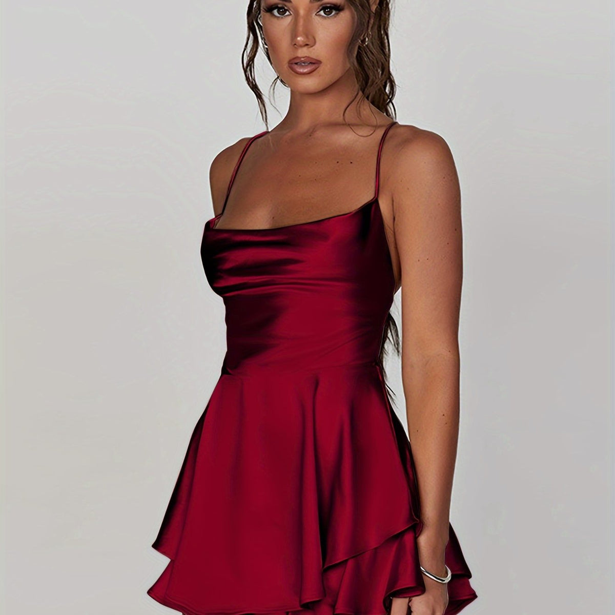Women's Satin Mini Dress with Ruffled Skirt | Cowl Neckline, Thin Straps, Fitted Bodice | Sizes XS to XL, 10 Colors