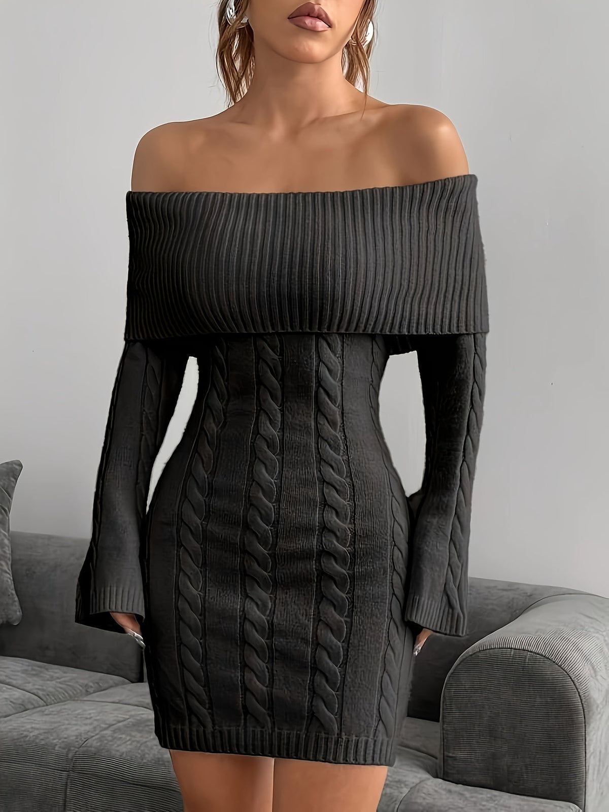 Women's Off Shoulder Knit Dress in Cable Texture | Foldover Collar and Flared Sleeves | Sizes S-2XL, 5 Colors