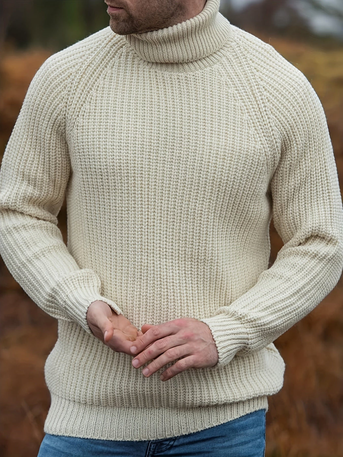 Alexander | Mens Warm Knit Sweater with Turtleneck — Classic Knit Design in Beige | Westmere