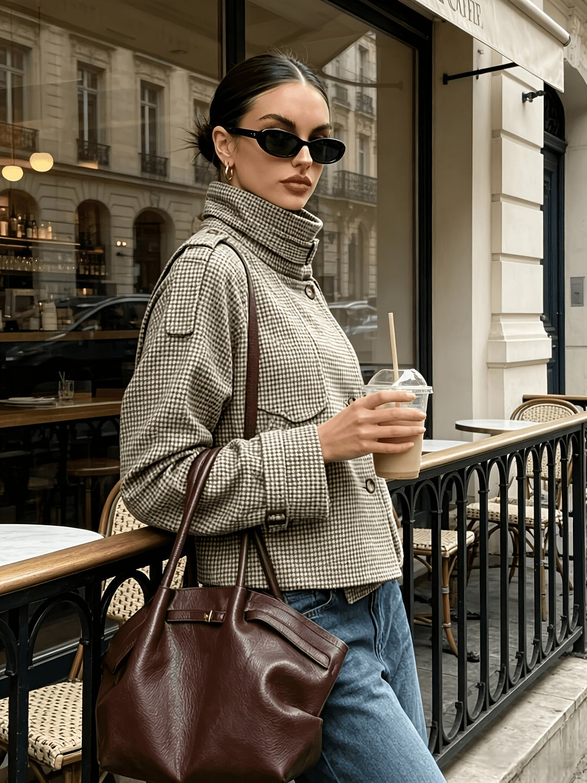 Women's Jacket with Check Pattern and Button Front | Pockets, Cropped Length | Size S-2XL | Khaki