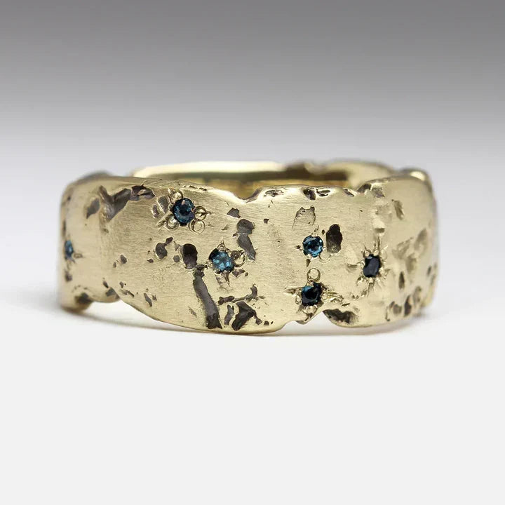 Statement Crystal Ring in Antique Gold with Blue Inlay