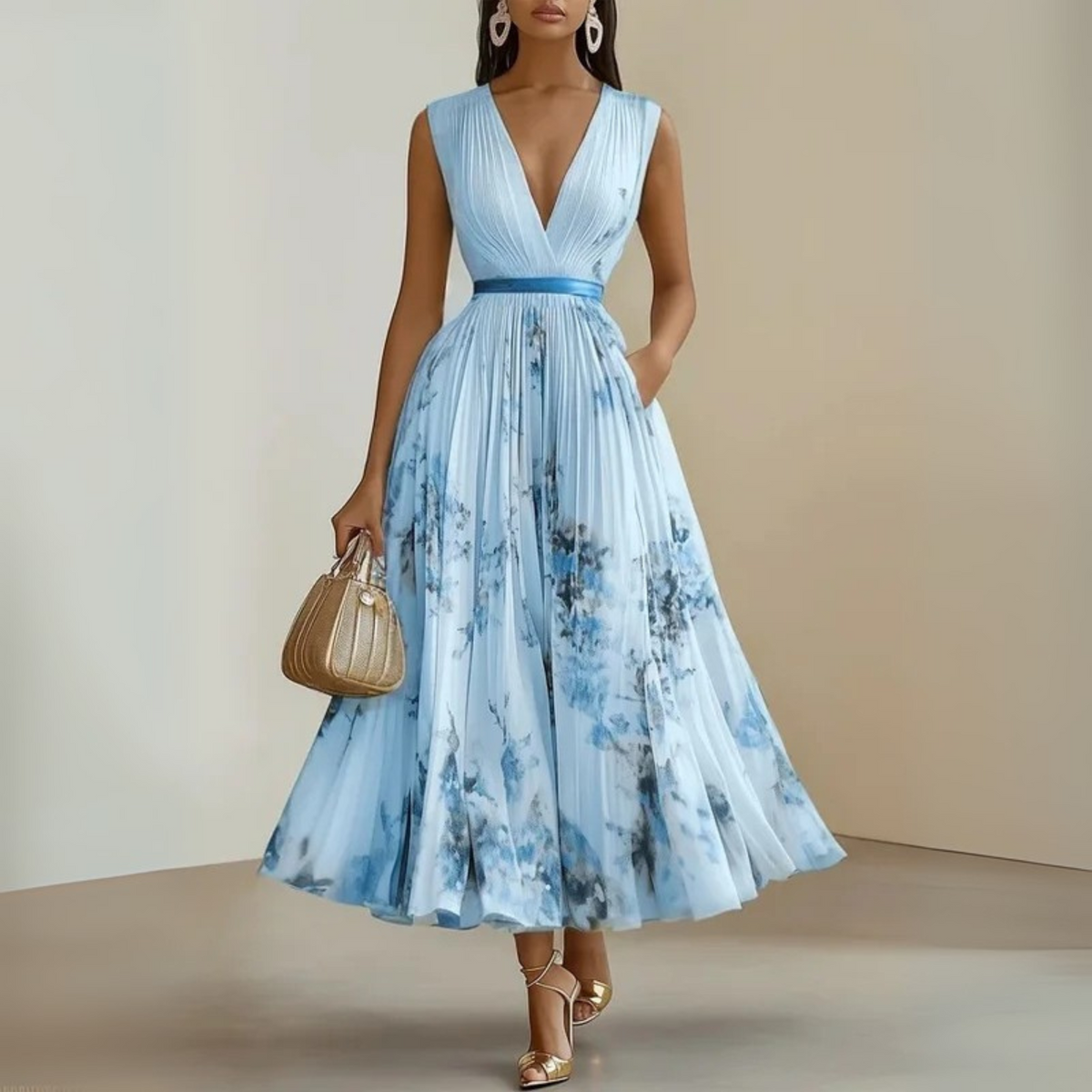 Women's Pleated Floral Maxi Dress – Sleeveless Wedding Guest Occasion Dress