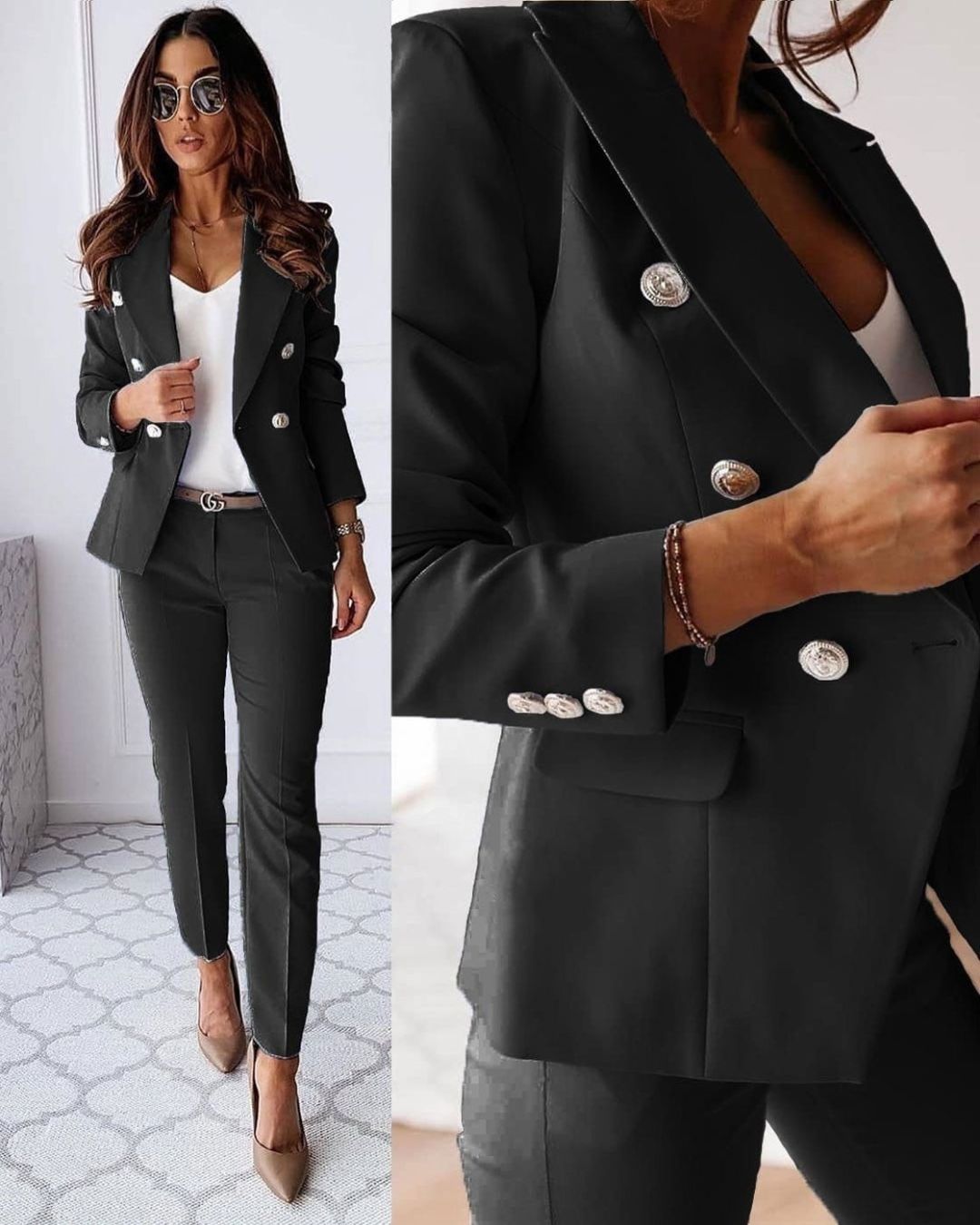 Women's Double-Breasted Trouser Suit, Tailored Blazer