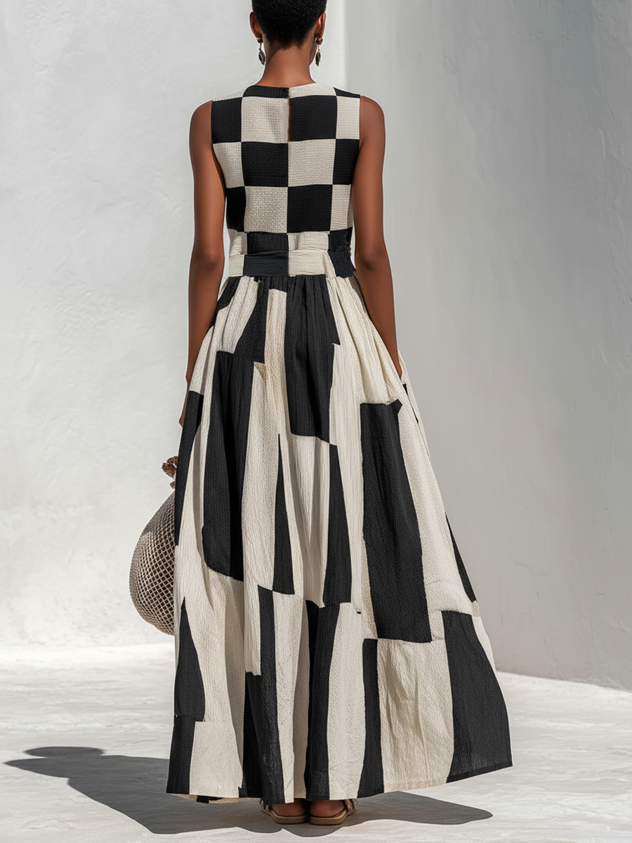 Yolaine | Sleeveless Checked and Striped Linen Maxi Dress