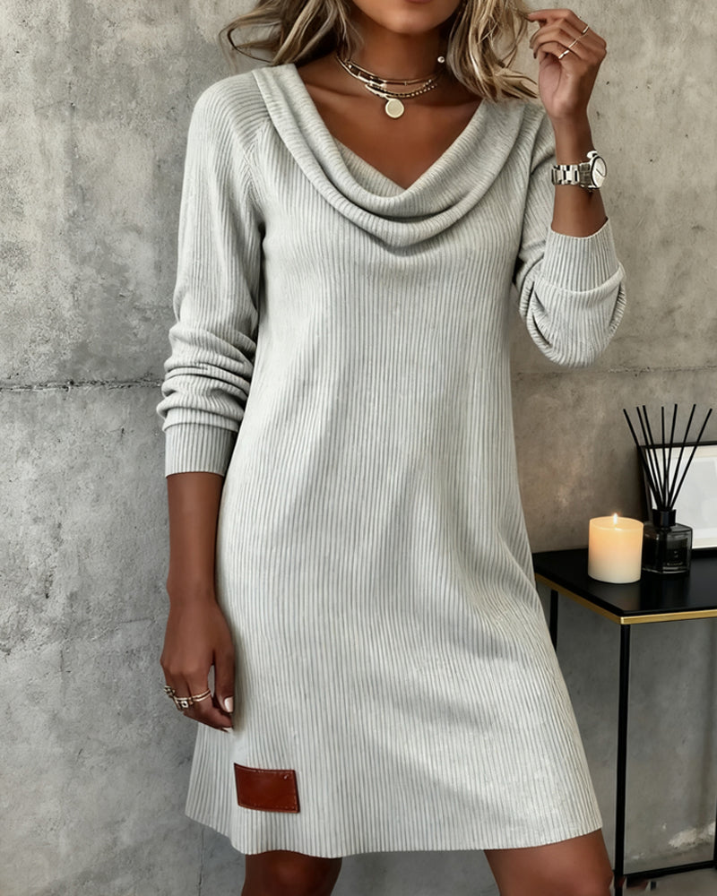 Women's Ribbed Sweater Dress with Draped Cowl Neck