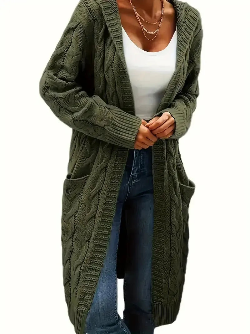 Women's Textured Open Cardigan, Longline, Cable Knit