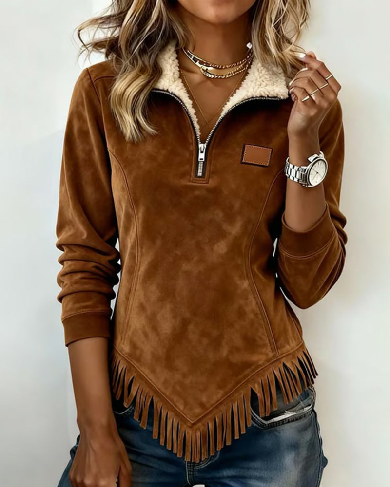 Sweatshirt with Half-Zip Collar Asymmetric Design and Fringe Detail