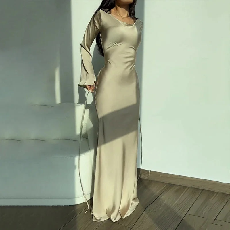 Women's Long Sleeve Maxi Dress in Satin | Flared Cuffs, Round Neckline, Floor Length | Sizes XS to 2XL, 4 Colors