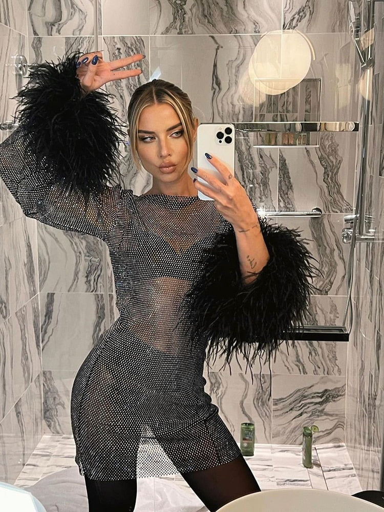 Women's Sheer Feather Mini Dress – Statement Trim Evening Party Dress
