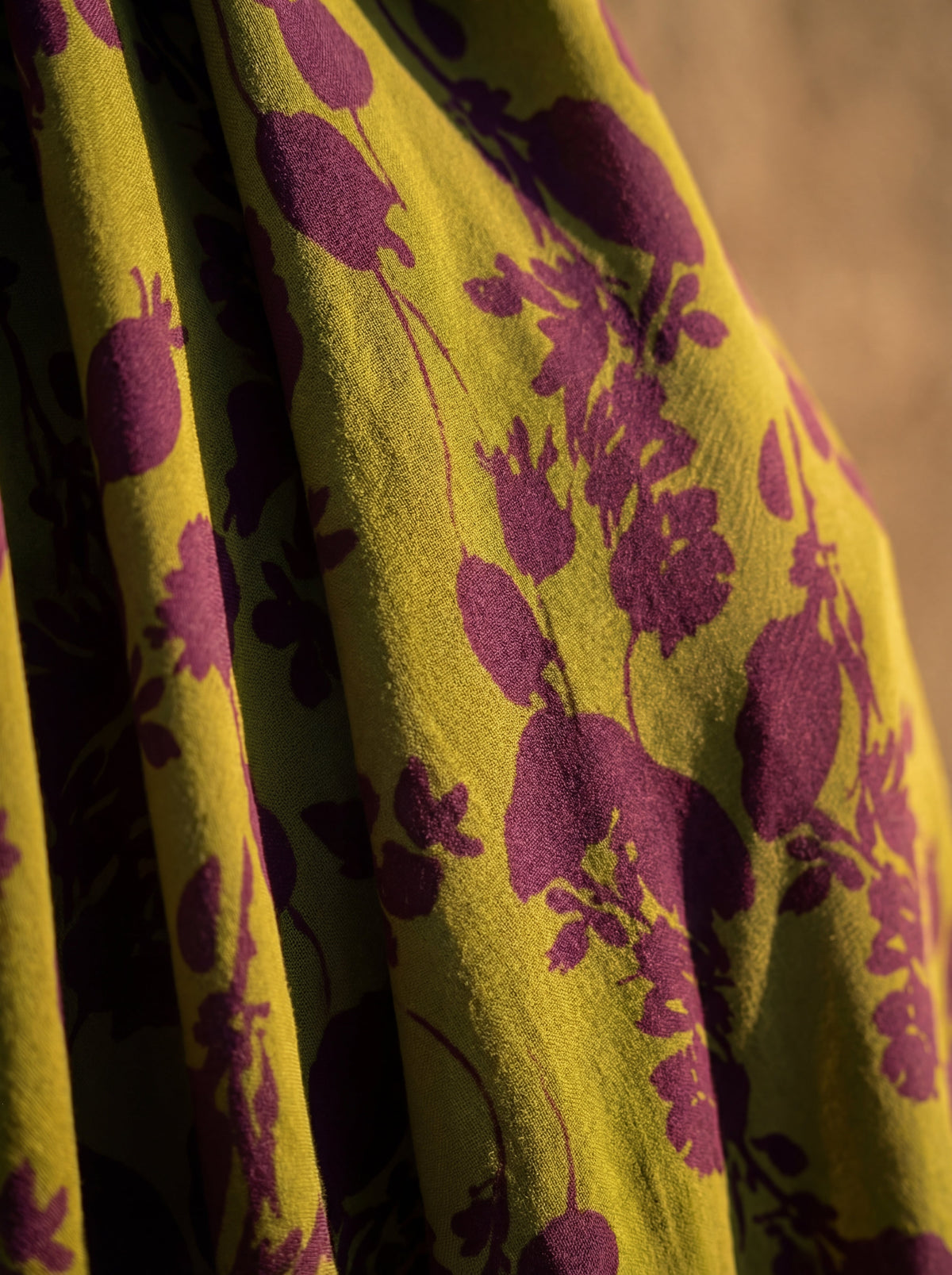 Long Silk Dress with Botanical Design in Olive and Purple