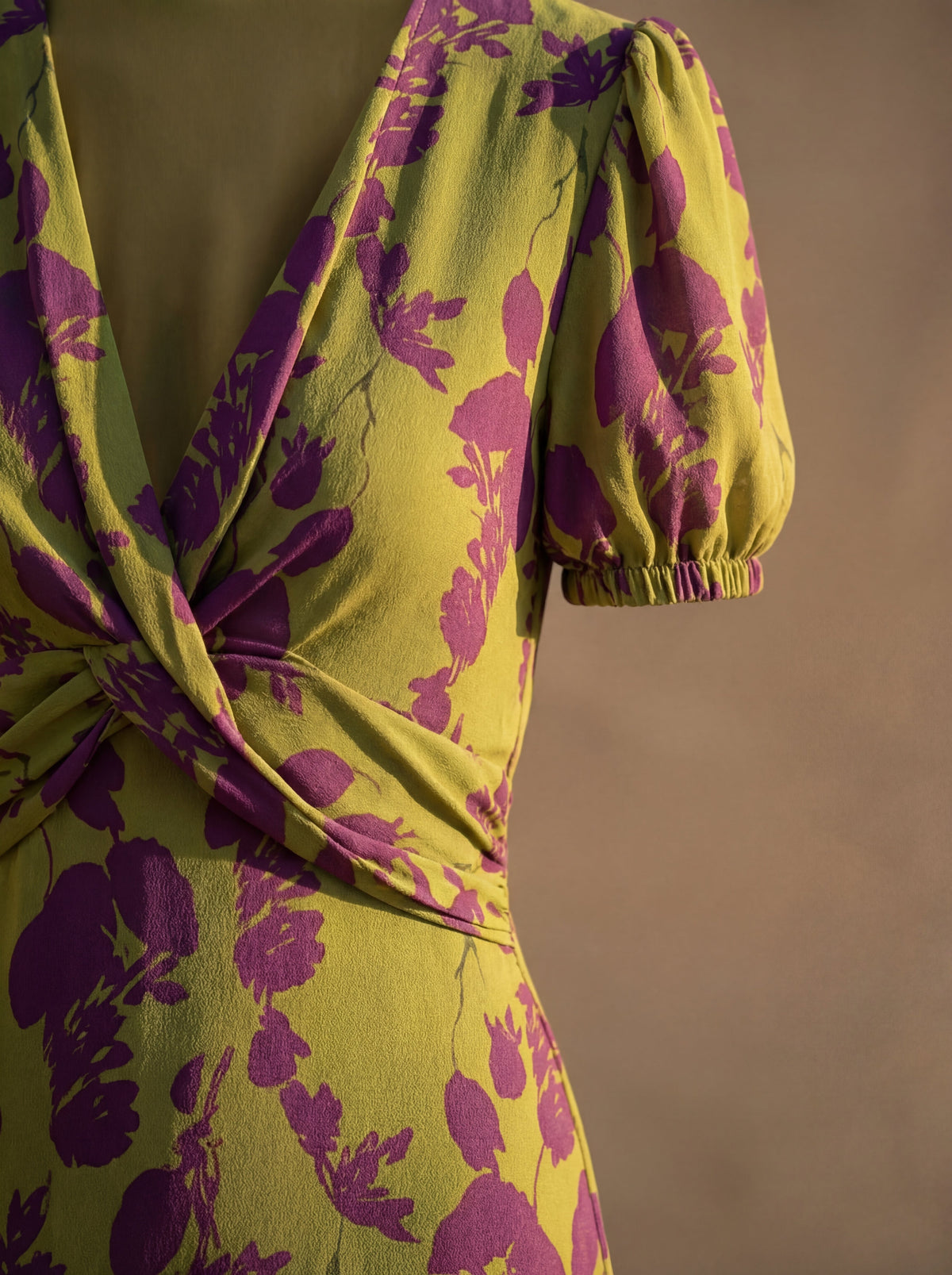 Long Silk Dress with Botanical Design in Olive and Purple
