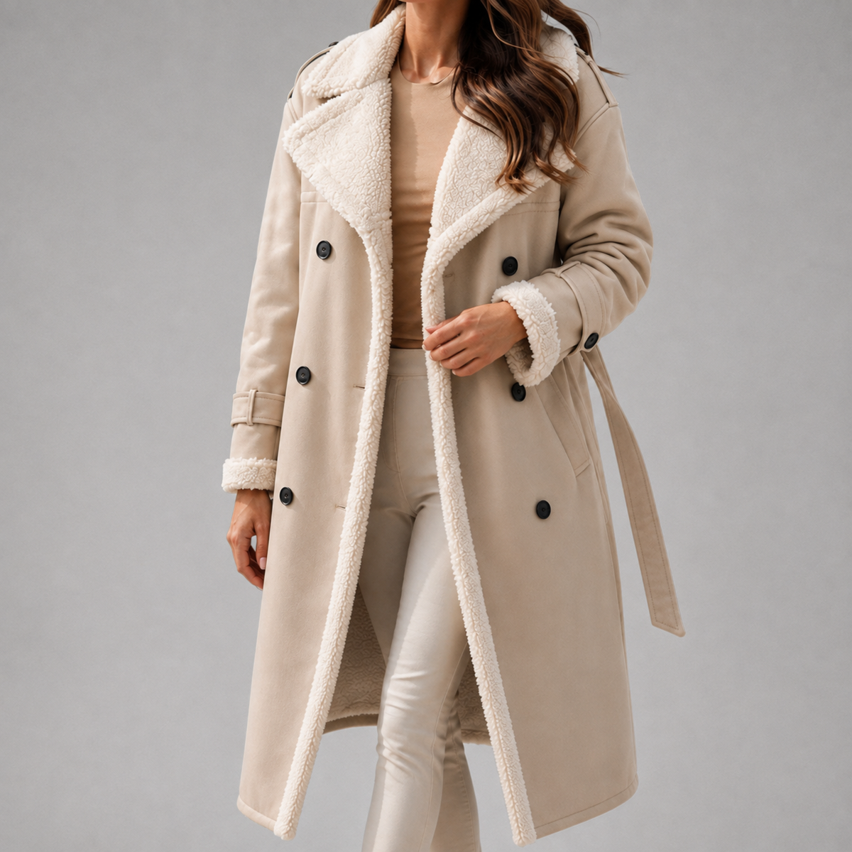 Adalee - Women's Faux-Suede Sherpa-Lined Trench Coat with Belt