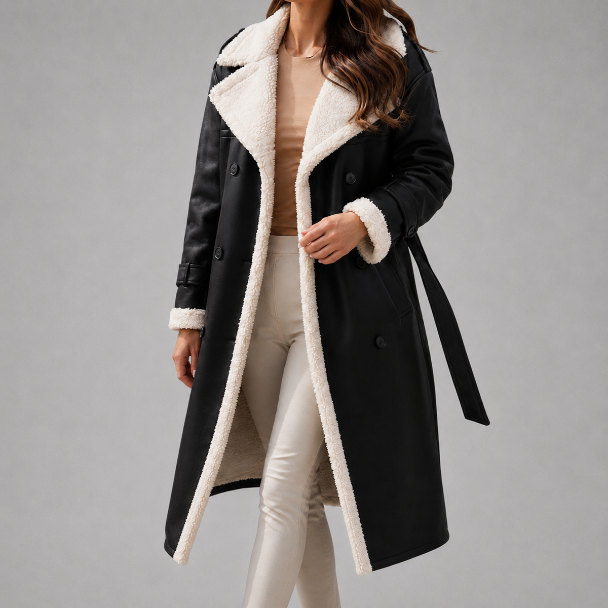 Adalee - Women's Faux-Suede Sherpa-Lined Trench Coat with Belt