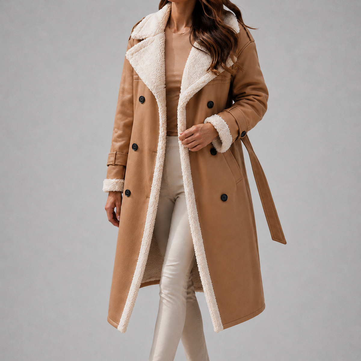 Adalee - Women's Faux-Suede Sherpa-Lined Trench Coat with Belt