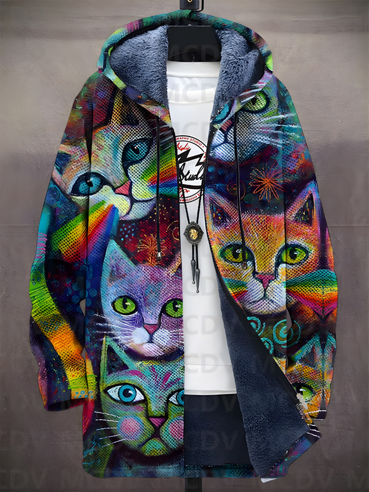 Unisex Cat Print Zip-Up Hoodie, Hooded, Long Sleeves