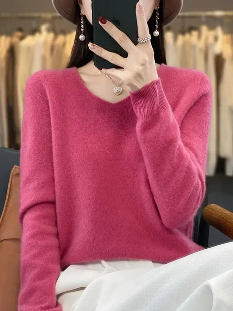 Women's V Neck Sweater with Long Sleeves | Relaxed Fit Knit Pullover in Twelve Shades | Size XS-3XL, 12 Colors