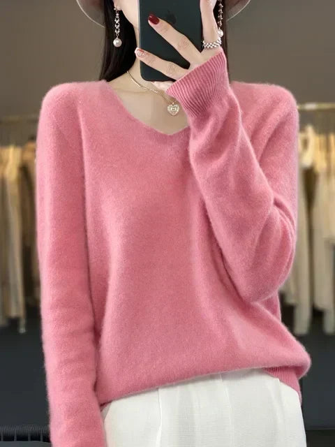 Women's V Neck Sweater with Long Sleeves | Relaxed Fit Knit Pullover in Twelve Shades | Size XS-3XL, 12 Colors