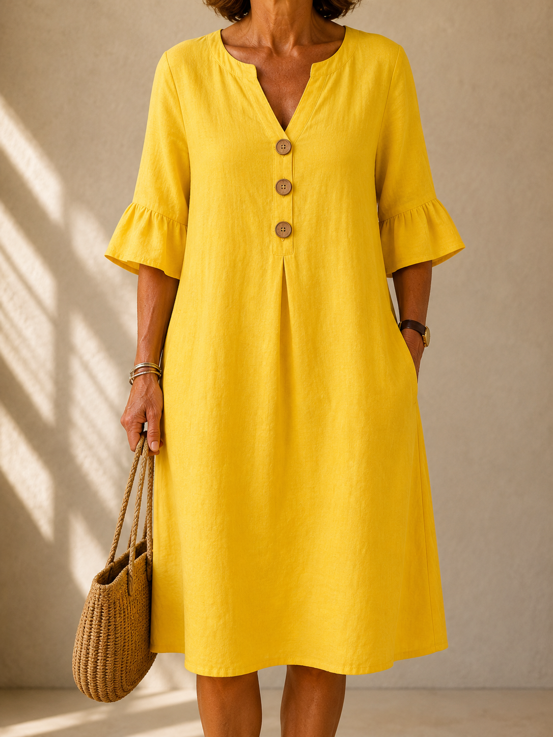 Aveline | Midi Loose Fit Buttoned Dress in Yellow