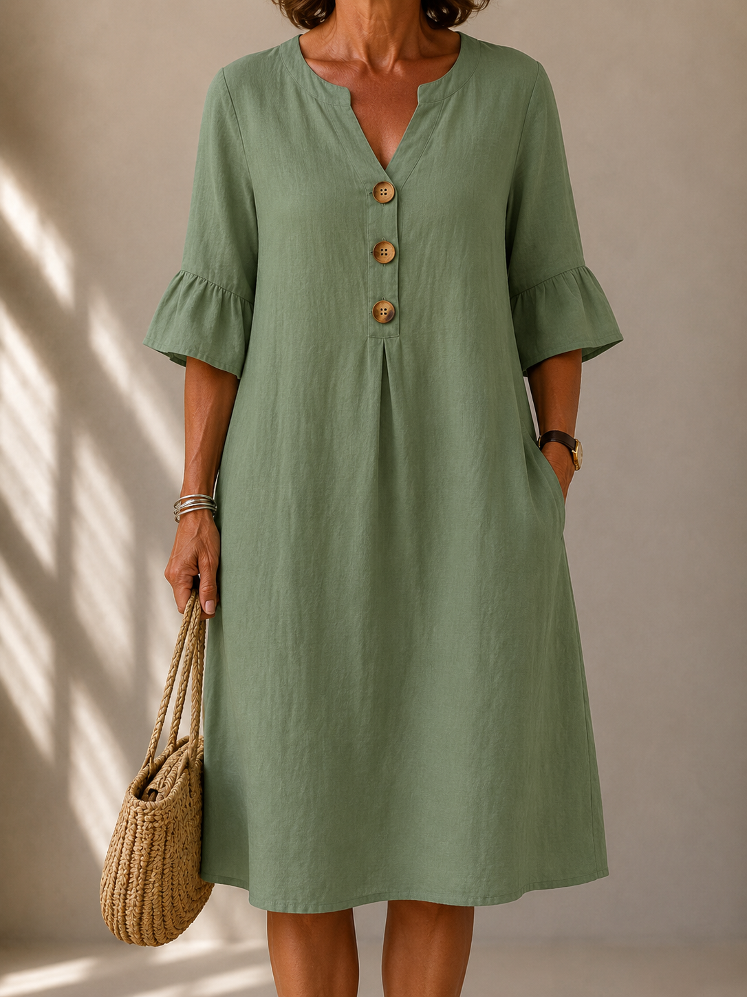 Véronique | Midi Dress with Buttons and Bell Sleeves