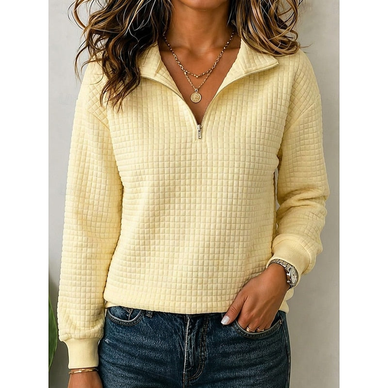Women's Textured Quarter-Zip Sweatshirt, Long Sleeves, Ribbed Trim