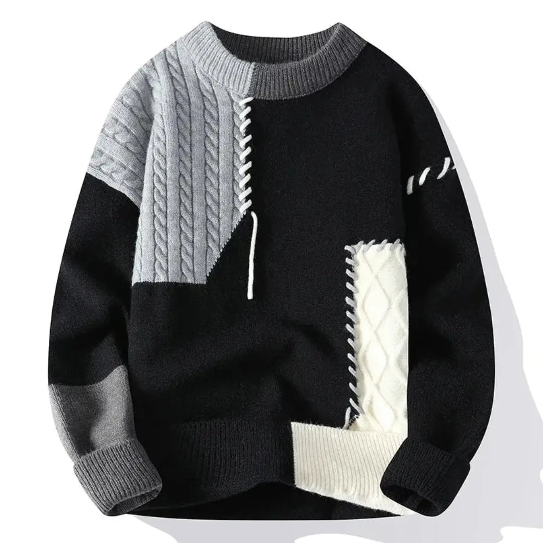 Wade | Mens Patchwork Sweater in Cotton Knit | Color Block Design, Relaxed Fit, Ribbed Trim | Blue, Black, Green XS-XXXL