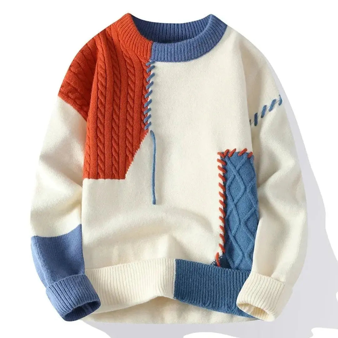 Wade | Mens Patchwork Sweater in Cotton Knit | Color Block Design, Relaxed Fit, Ribbed Trim | Blue, Black, Green XS-XXXL