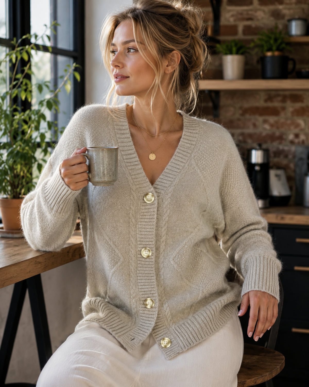 Women's Textured V-Neck Button Cardigan, Long Sleeves