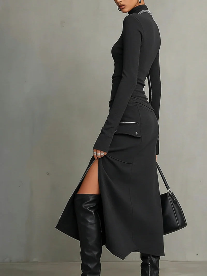 Women's Two Piece Skirt Set Gray Turtleneck Top Zipper Midi Skirt