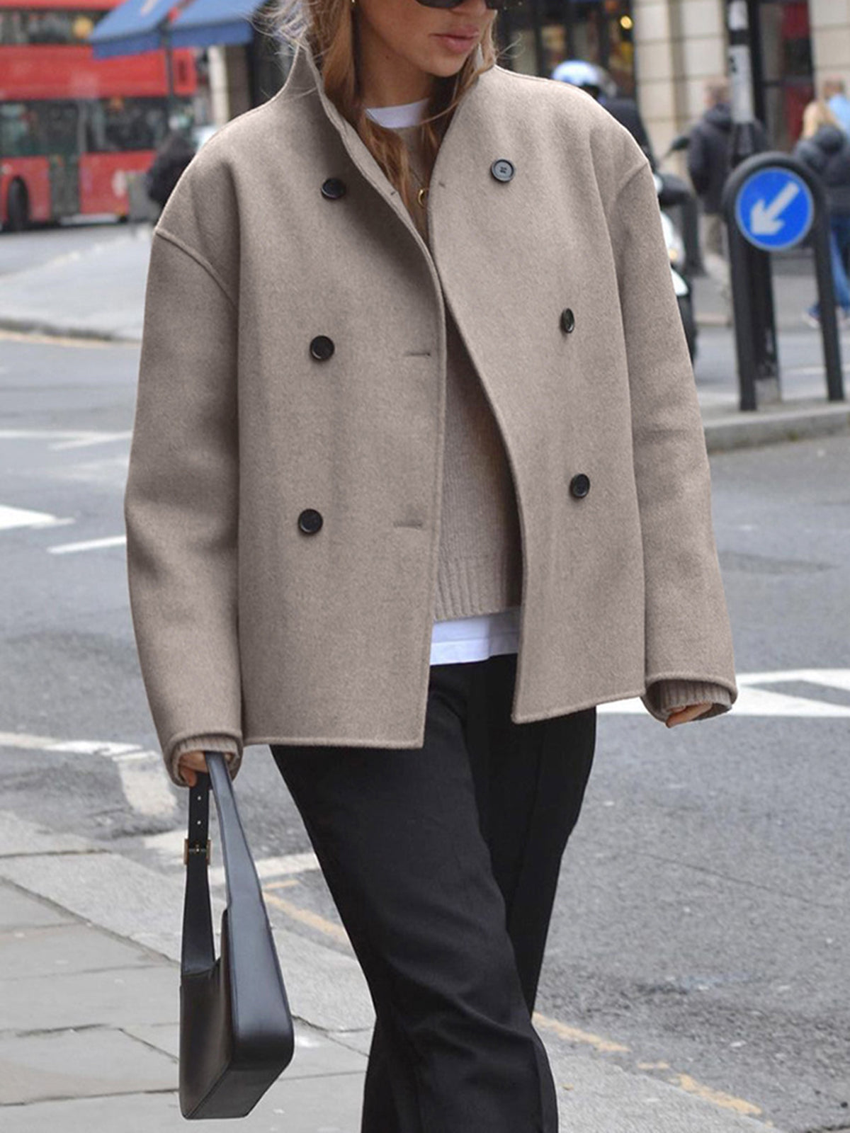 Charlene | Womens Double Breasted Pea Coat with Stand Collar | Relaxed Fit, Button Front | Taupe, Gray, Black or Khaki S-L