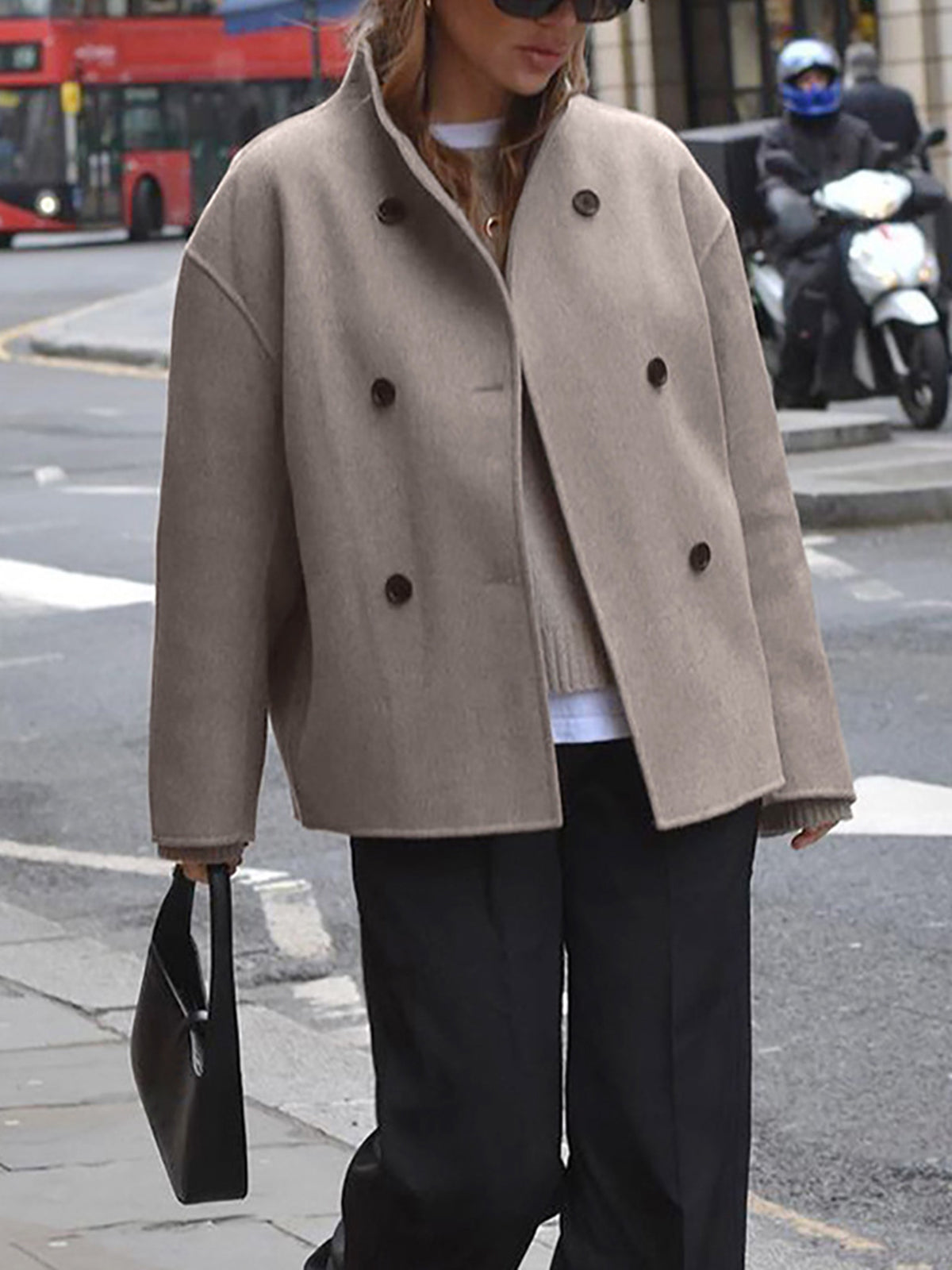 Charlene | Womens Double Breasted Pea Coat with Stand Collar | Relaxed Fit, Button Front | Taupe, Gray, Black or Khaki S-L