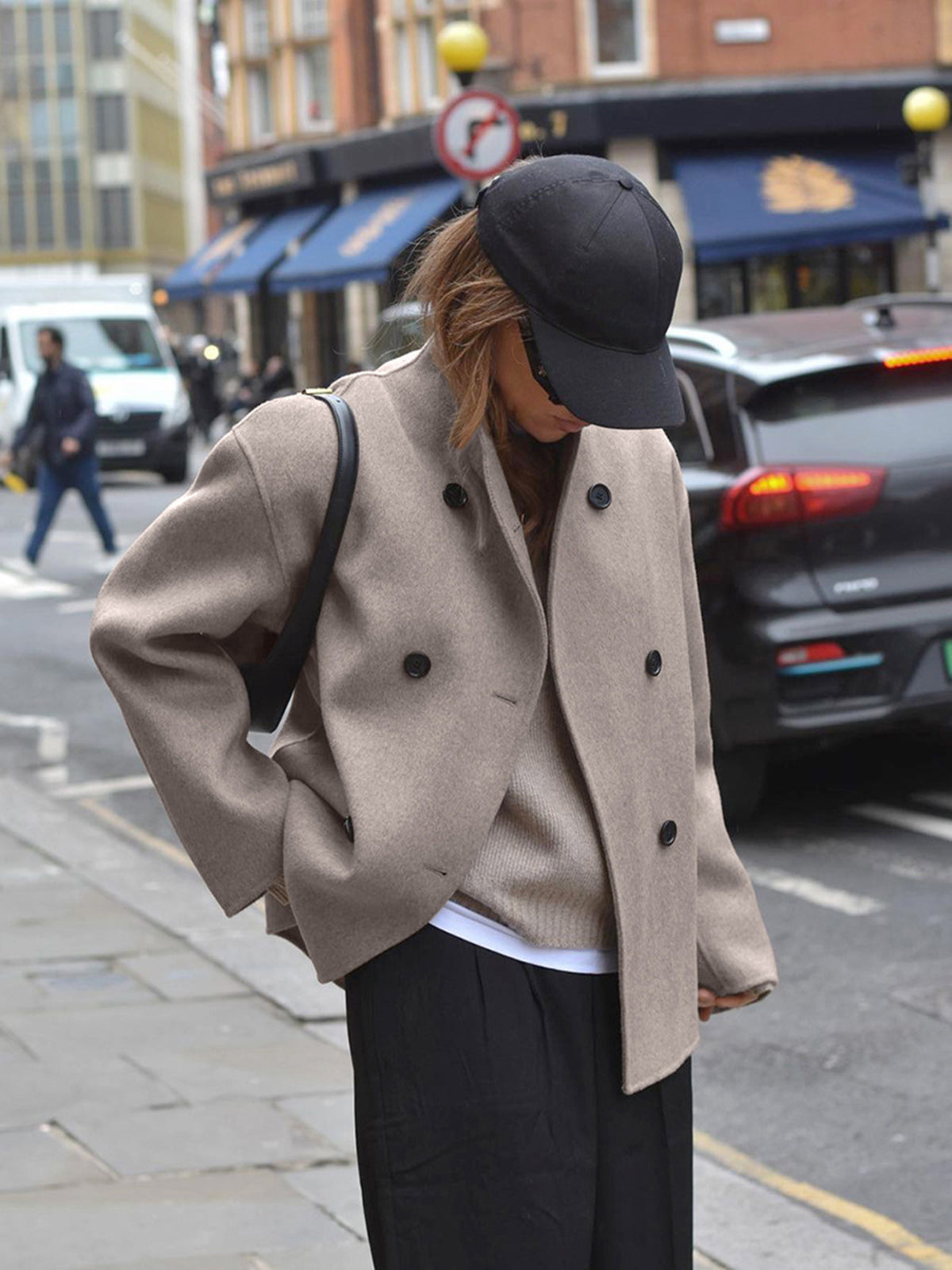 Charlene | Womens Double Breasted Pea Coat with Stand Collar | Relaxed Fit, Button Front | Taupe, Gray, Black or Khaki S-L
