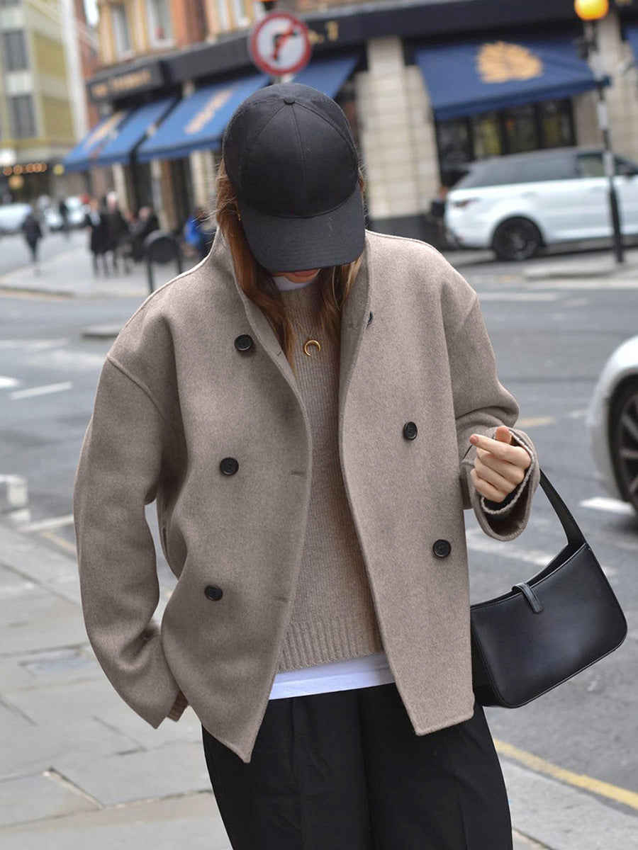 Charlene | Womens Double Breasted Pea Coat with Stand Collar | Relaxed Fit, Button Front | Taupe, Gray, Black or Khaki S-L