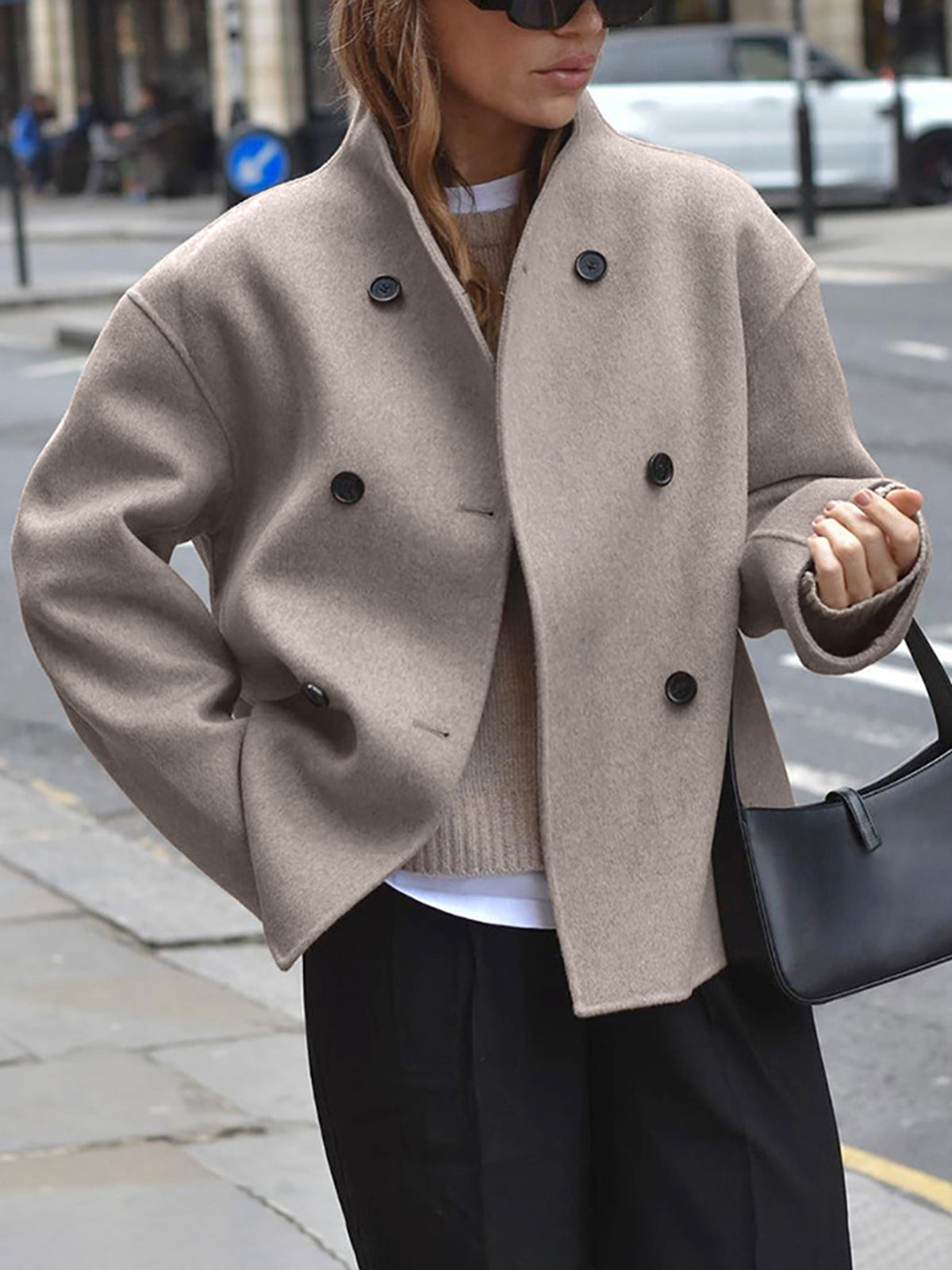 Charlene | Womens Double Breasted Pea Coat with Stand Collar | Relaxed Fit, Button Front | Taupe, Gray, Black or Khaki S-L