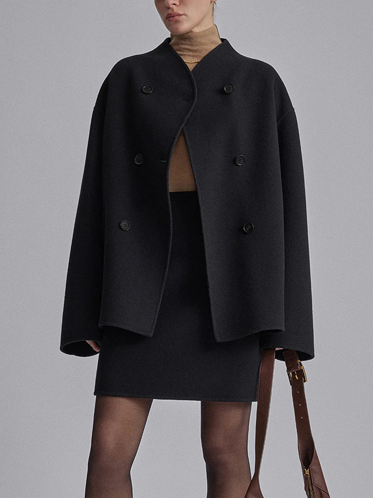 Charlene | Womens Double Breasted Pea Coat with Stand Collar | Relaxed Fit, Button Front | Taupe, Gray, Black or Khaki S-L