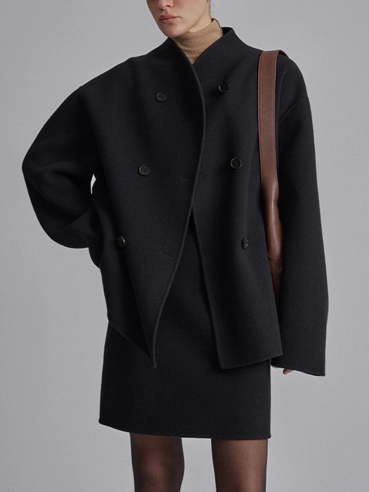 Charlene | Womens Double Breasted Pea Coat with Stand Collar | Relaxed Fit, Button Front | Taupe, Gray, Black or Khaki S-L