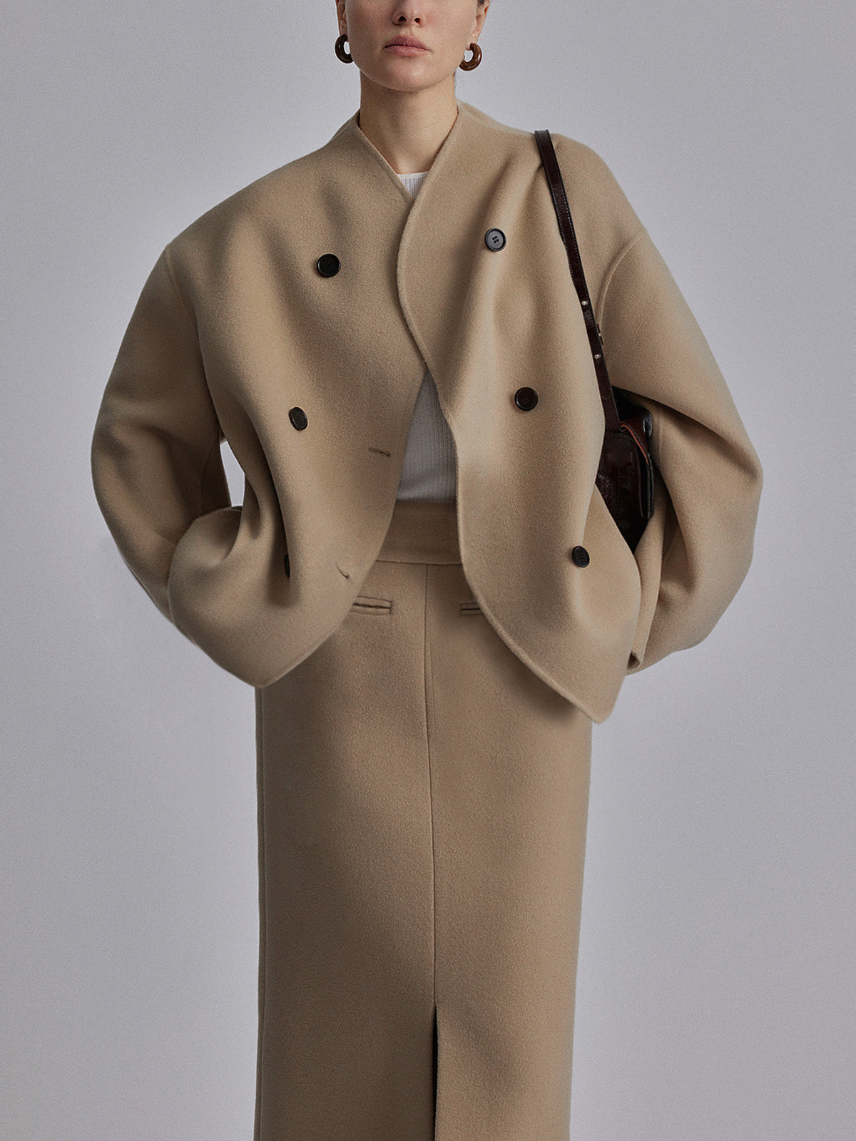 Charlene | Womens Double Breasted Pea Coat with Stand Collar | Relaxed Fit, Button Front | Taupe, Gray, Black or Khaki S-L