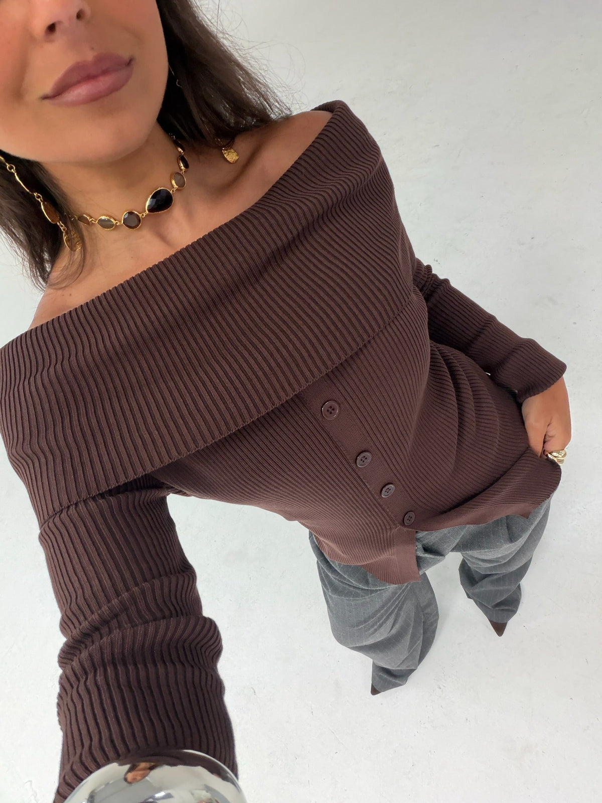 Women's Brown Off-Shoulder Ribbed Button Cardigan