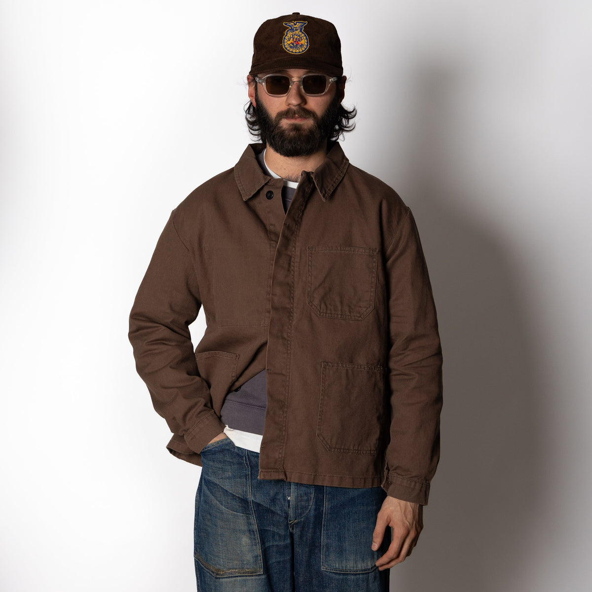 Men's Brown Utility Jacket, Shirt Collar, Four Pockets