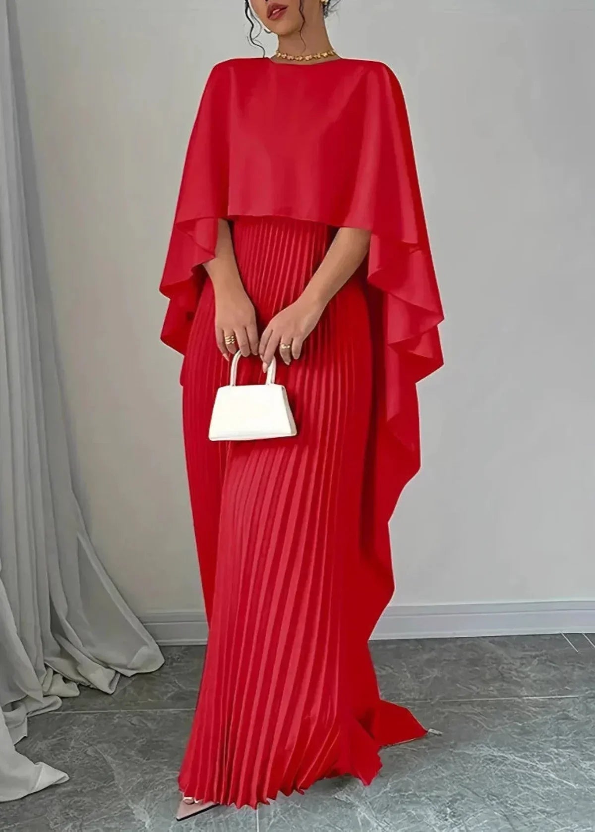 Women's Pleated Maxi Dress with Cape Overlay | High Neckline, Floor Length Skirt | Sizes S to 2XL, 3 Colors