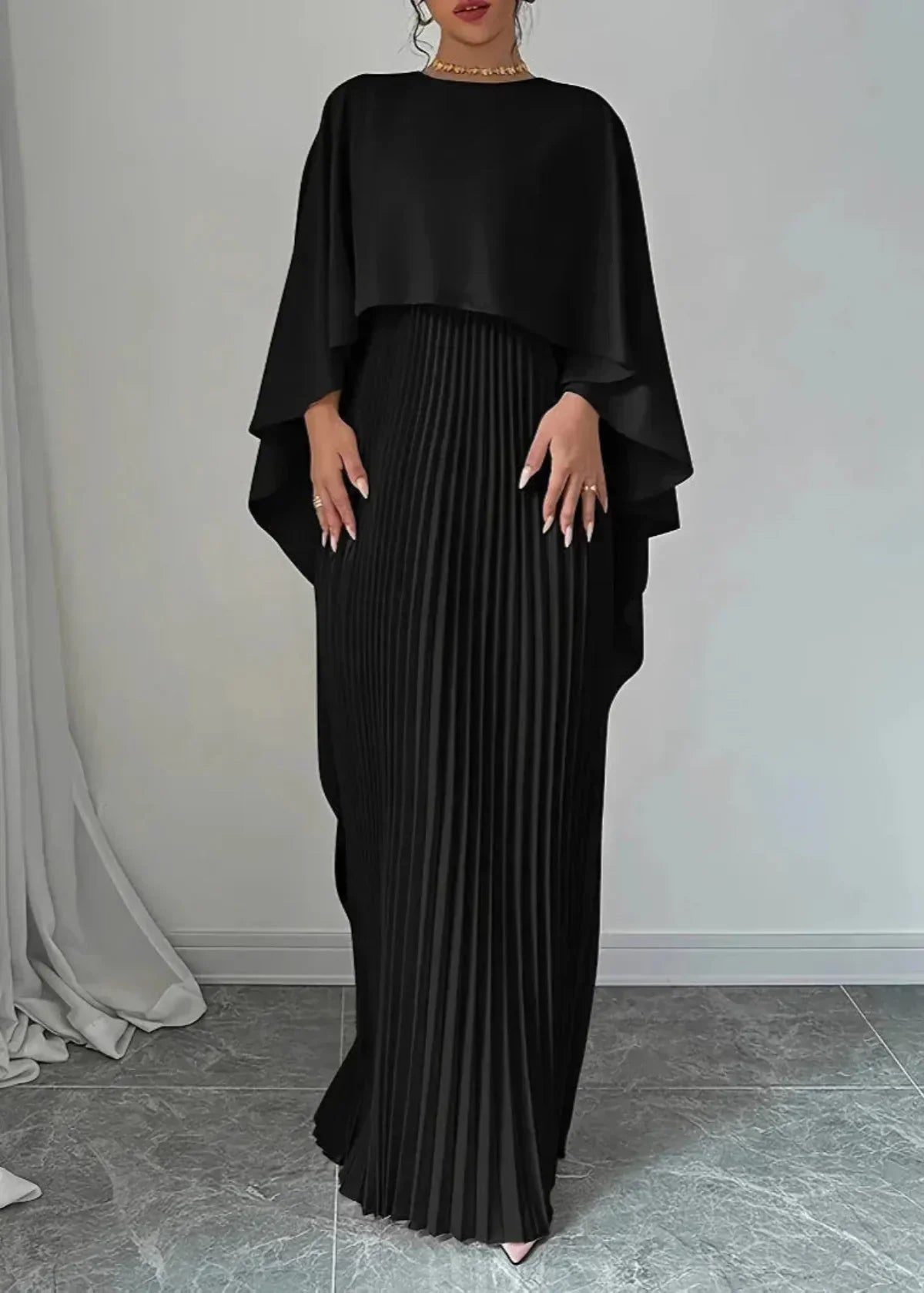 Women's Pleated Maxi Dress with Cape Overlay | High Neckline, Floor Length Skirt | Sizes S to 2XL, 3 Colors